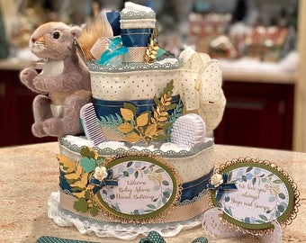 Woodland Animal Diaper Cake w/Plush Forest Animal, Washcloths and Towel Set, Pacifiers, Brush/Comb, Signs, Table Card, Cake Topper, 3Tiers