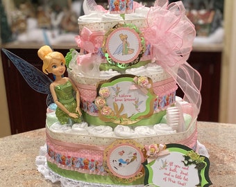 Premium 4 Tier Tinkerbell Peter Pan Diaper Cake With Tinkerbell Doll, Pacifiers, Brush and Comb Set, Washcloths and Matching Cake Topper