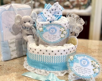 Elephant Diaper Cake w/Plush Ring Rattle, Pacifiers, Washcloth & Towel Set, Brush/Comb, Signs, Table Card, Cake Topper, Color Choice, 3Tiers