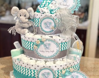 Premium 4Tier Elephant Diaper Cake, Teal or Mint Ribbon, With Plush Elephant, Pacifiers, Brush/Comb, Washcloths, Cake Topper and Cake Signs