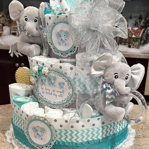 Twins Diaper Cake w/2 Elephant RingRattles, Pacifiers, Brush/Comb, Washcloths, Theme Signs, Table Card, Cake Topper, Choice of Color, 4Tiers image 2