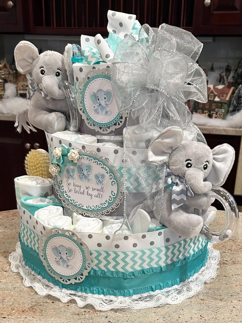 Twins Diaper Cake w/2 Elephant RingRattles, Pacifiers, Brush/Comb, Washcloths, Theme Signs, Table Card, Cake Topper, Choice of Color, 4Tiers image 2