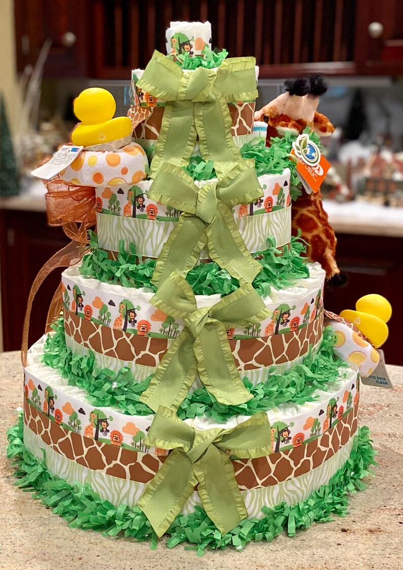 5 Tier Jungle Theme Diaper Cake Zoo Animal Diaper Cake Etsy