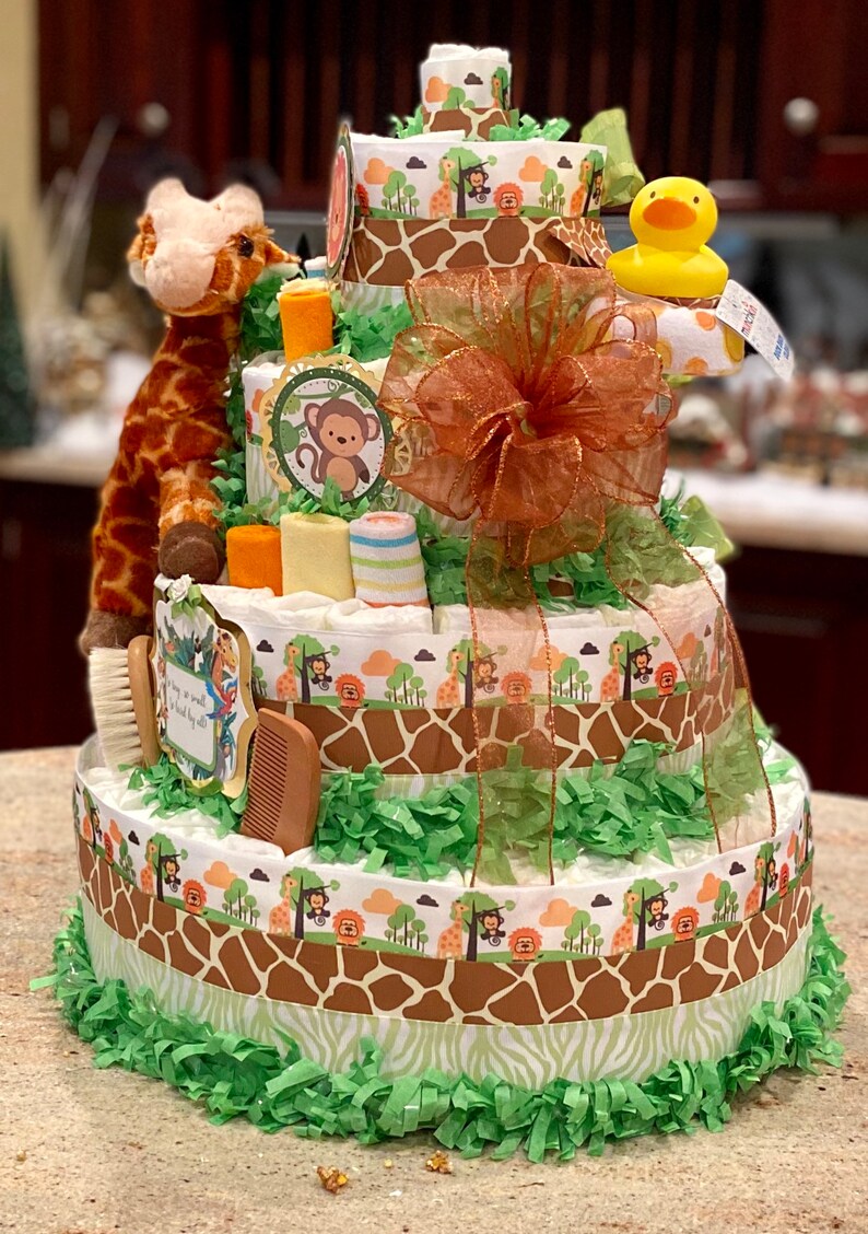 5 Tier Jungle Theme Diaper Cake Zoo Animal Diaper Cake Etsy