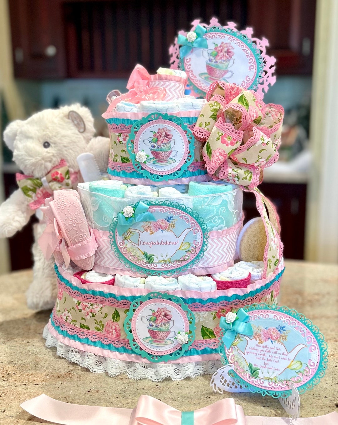 Tea Party Diaper Cake W/ Plush Bear, Crib Shoes, Brush/comb, Pacifiers ...