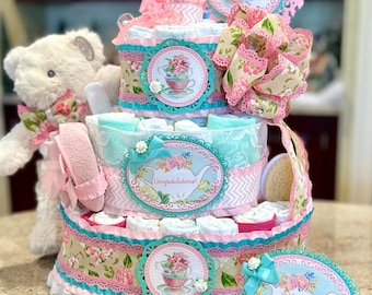 Premium 4 Tier Tea Party Teddy Bear Diaper Cake With 10"  Bear, Crib Shoes, Pacifiers, Brush/Comb, Washcloths, Theme Signs and Cake Topper