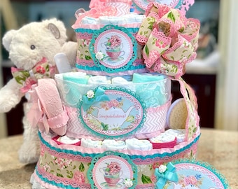 Tea Party Diaper Cake w/ Plush Bear, Crib Shoes, Brush/Comb, Pacifiers, Theme Signs, Table Card, Cake Topper, Choice of Color, 4 Tiers