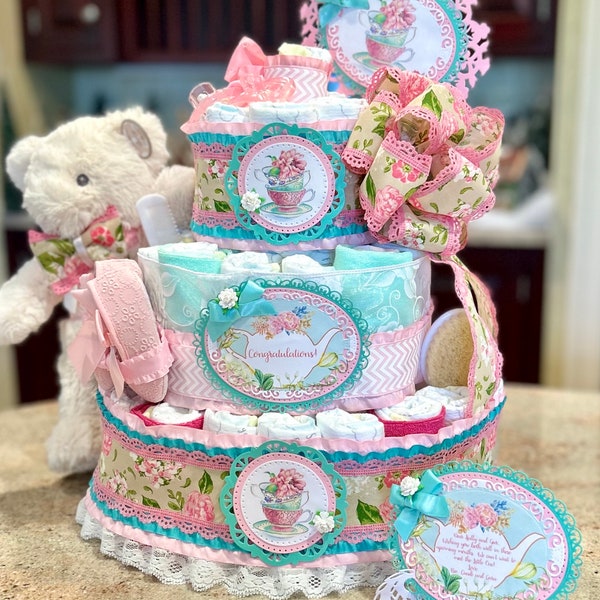 Premium 4 Tier Tea Party Teddy Bear Diaper Cake With 10"  Bear, Crib Shoes, Pacifiers, Brush/Comb, Washcloths, Theme Signs and Cake Topper