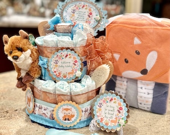 Woodland Animal Diaper Cake w/Plush Fox, Pacifiers, Washcloths and Towel Set, Brush/Comb, Signs, Table Card, Cake Topper, 3Tiers