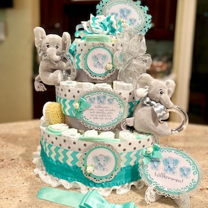Premium 4 Tier Twins Diaper Cake With 2 Stuffed Elephants, Pacifiers, Brush/Comb Set, Washcloths, Decorative Signs and Cake Topper
