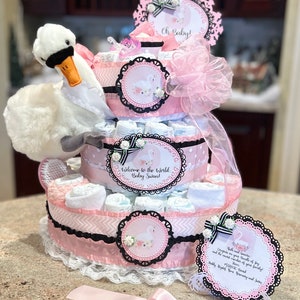 Premium 4 Tier Swan Diaper Cake With 13&quot; Stuffed Swan, Pacifiers, Brush and Comb Set, Wash&Burp Cloths, Handmade Signs and  Cake Topper