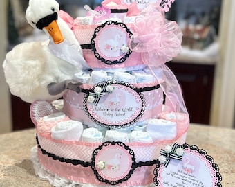 Swan Diaper Cake With Plush Swan, Pacifiers, Brush/Comb, Washcloths, Theme Signs, Table Card, and Cake Topper, 4 tiers