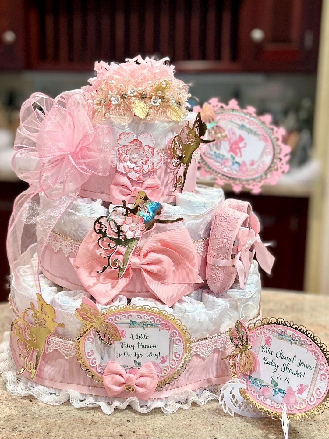 Fairy Princess Diaper Cake W/crib Shoes, Gold/pearl Hair Wreath