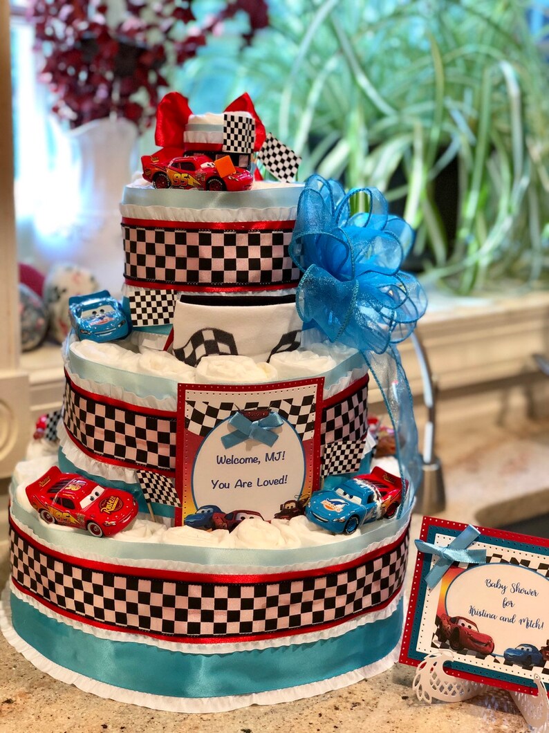 4 Tier Race Car Diaper Cake Lightning Mcqueen Diaper Cake Etsy