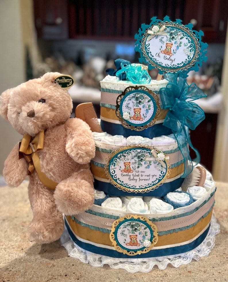 Teddy Bear We Can Bearly Wait Diaper Cake W/plush Bear, Pacifiers ...