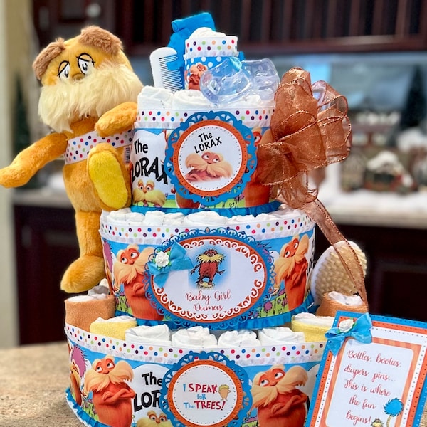 Premium 4 Tier Dr. Seuss Lorax Diaper Cake With Stuffed Lorax, Brush/Comb Set, Pacifiers, Washcloths, Decorative Signs and Cake Topper