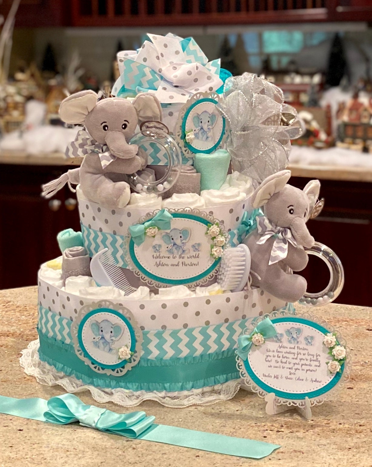 4 Tier Twins Diaper Cake Baby Shower for Twins Teal Etsy