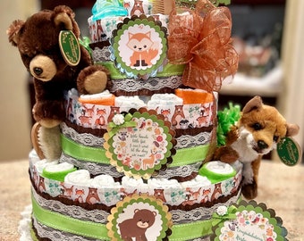 Woodland Forest Diaper Cake, Green/Gold, w/2 Plush Animals, Pacifiers, Brush/Comb, Washcloths, Theme Signs, Table Card, Cake Topper, 4 Tiers