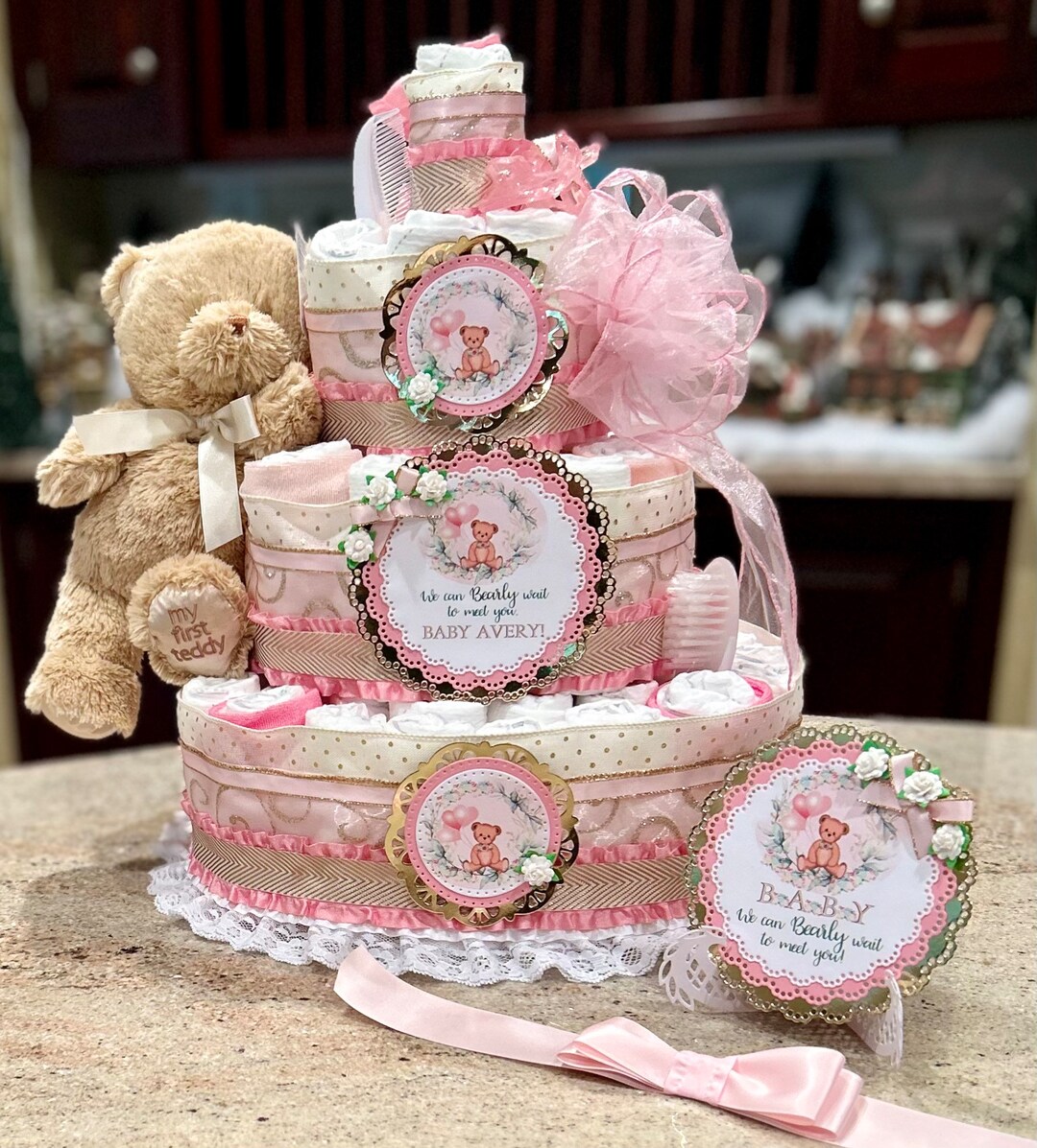 Teddy Bear We Can Bearly Wait Diaper Cake W/plush Bear, Pacifiers ...