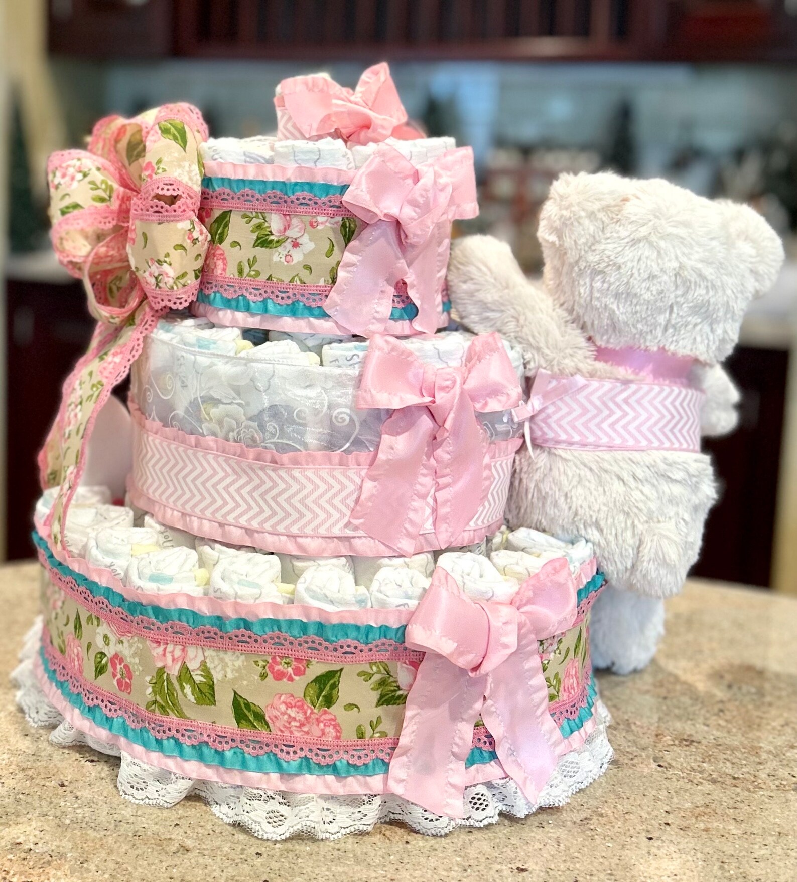 Tea Party Diaper Cake W/ Plush Bear, Crib Shoes, Brush/comb, Pacifiers ...