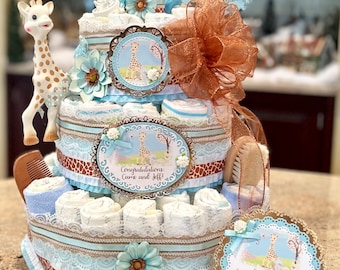 Sophie Giraffe Diaper Cake w/Sophie Doll, Brush/Comb, Pacifiers, Washcloths, Story  Images, Table Card, Cake Topper, 4 Tiers