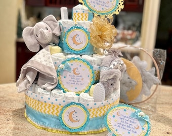 Premium 4 Tier Love You To The Moon and Back Diaper Cake, SnuggleBlanket, Booties, Brush/Comb, Washcloths, Crib Mobile, Signs, Cake Topper