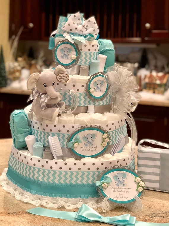 5 Tier Teal Elephant Diaper Cake Gender 