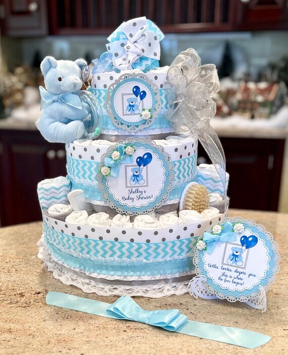 Torta Di Pannolini Per Nascita A 2 Piani - Regalo Per Neonato, Colore Blu, Con Biglietto Personalizzabile
