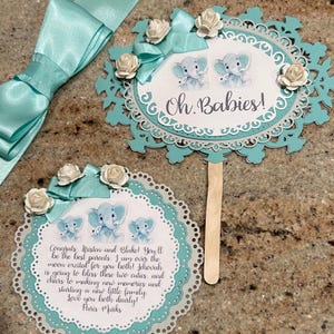 Twins Diaper Cake w/2 Elephant RingRattles, Pacifiers, Brush/Comb, Washcloths, Theme Signs, Table Card, Cake Topper, Choice of Color, 4Tiers image 5