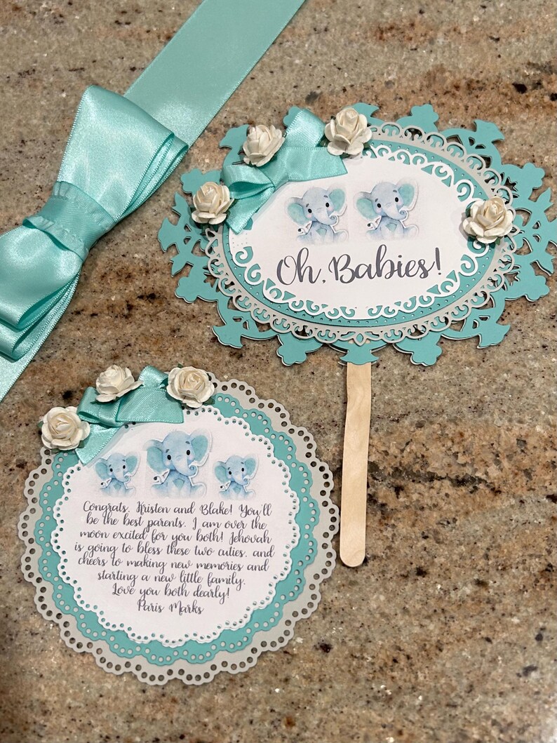 Twins Diaper Cake w/2 Elephant RingRattles, Pacifiers, Brush/Comb, Washcloths, Theme Signs, Table Card, Cake Topper, Choice of Color, 4Tiers image 5