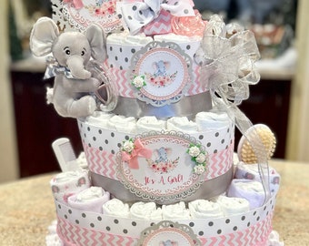 Premium 4 Tier Elephant Diaper Cake, Pink for Girl OR Pick Your Color w/Plush Elephant,Pacifiers,Brush/Comb,Washcloths,Cake Signs and Topper