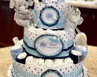 Premium 4 Tier Elephant Diaper Cake, Light Blue and Navy With Stuffed Elephant, Brush/Comb Set, Pacifiers, Washcloths, Signs and Cake Topper