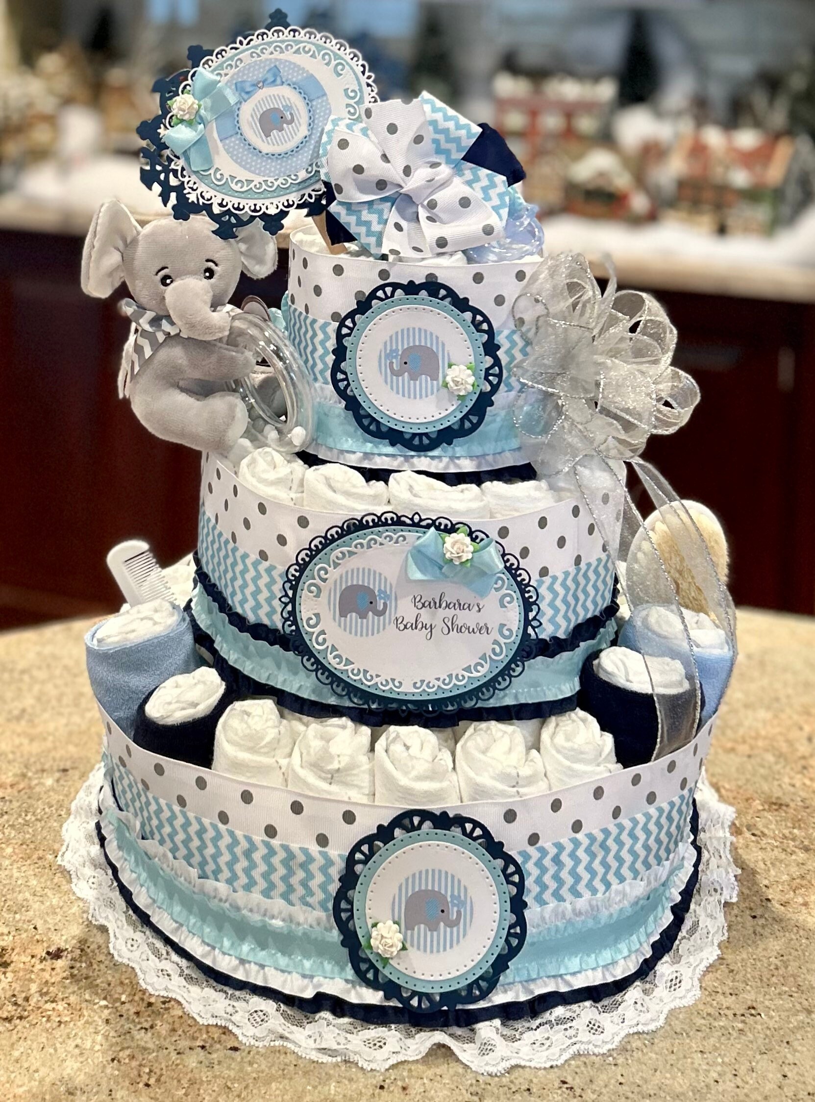 Kit Decorazioni Per Torta Di Pannolini Elefante Blu: Nastri, Papillon E Topper Per Baby Shower (Pannolini Non Inclusi) - 2