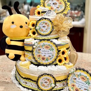 Bumblebee Diaper Cake w/Plush Bumblebee, Silk Daisies, Pacifiers, Brush/Comb, Washcloths, Theme Signs, Table Card, Cake Topper, 4 Tiers