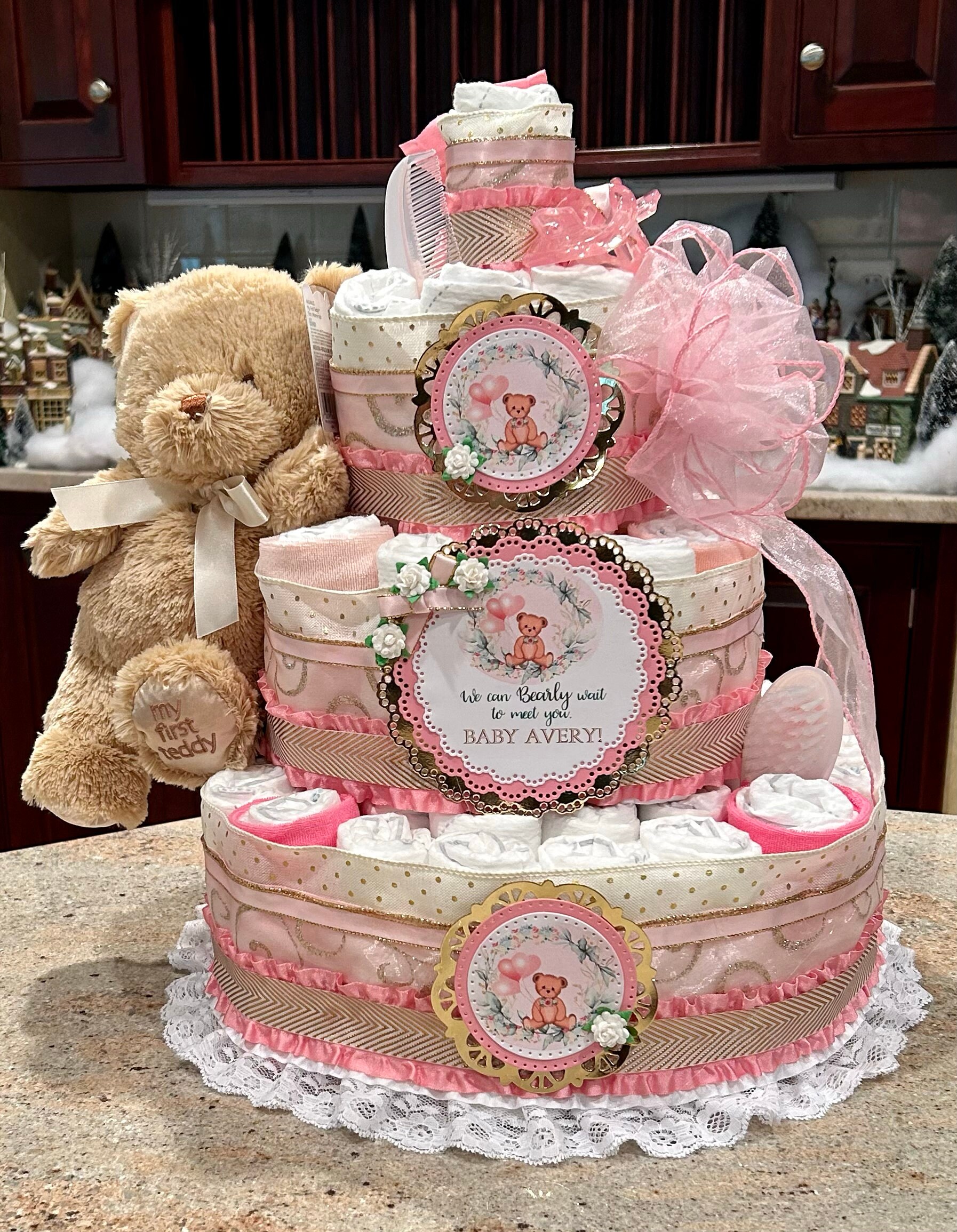 Teddy Bear We Can Bearly Wait Diaper Cake W/plush Bear, Pacifiers ...