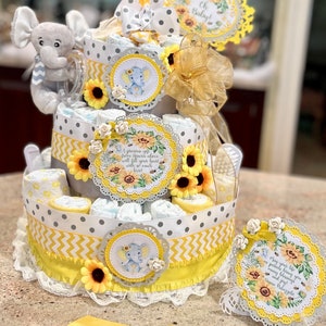 Sunflower Diaper Cake w/Plush Elephant, Silk Daisies, Pacifiers, Brush/Comb, Washcloths, Theme Signs, Table Card, Cake Topper, 4 Tiers