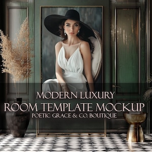 以下が含まれることがあります： 白いドレスと黒い帽子をかぶった女性の額装されたアートワークが特徴の、モダンラグジュアリーの部屋テンプレートモックアップ。部屋には、金色のフレームのテーブル、ドライプラントが入った花瓶、装飾的なボウルが含まれています。画像テキストは「MODERN LUXURY ROOM TEMPLATE MOCKUP POETIC GRACE & CO. BOUTIQUE」と表示されています。