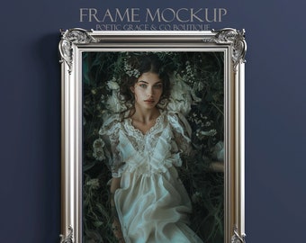 Elegant Ornate Silver Frame Mockup | Dark Royal Blue Background | Perfect for Showcasing Artwork on Social Media