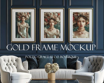 Luxury Navy Blue Living Room Mockup with Gold Frames/Frame Mockup/ room template mockup/ Elegant Mockup/ Digital Download for Artists