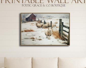 Watercolor Pasture Vintage Sheep, Winter Farm Scene, Red Barn Wall Art, Farmhouse Decor, Rustic Country, Cottage core Decoupage Artwork