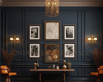 Frame Mockup, Gallery Wall, Luxury Navy Blue Foyer Room Mockup