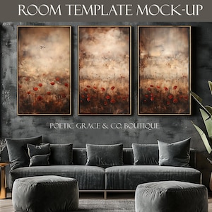 May include: Three abstract landscape paintings with a foggy, ethereal feel. The paintings feature a field of red poppies and a soft, muted color palette. The paintings are displayed on a wall above a gray sofa with gray throw pillows and two gray ottomans. The text "POETIC GRACE & CO. BOUTIQUE" is displayed below the paintings.