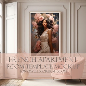 May include: A mockup of a French apartment interior featuring a pink armchair, a rug, and a framed painting of a woman with pink flowers in her hair. The text "FRENCH APARTMENT ROOM TEMPLATE MOCKUP" and "TONYAWELLSPORTRAITS.COM" is visible at the bottom of the image.