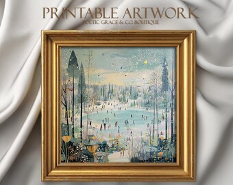 Vintage Watercolor Ice Skating in the Park | Rustic Christmas Wall Art | Whimsical Home Decor | Square Christmas Wall Art (Digital Download)