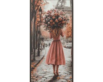 Canvas Framed | Street Scene Wall Art Woman in Pink Dress with Bouquet Matte