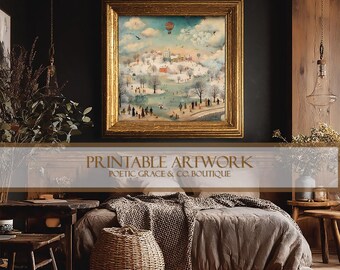 Winter Printable Art Whimsical Winter Village Landscape Art Print • Vintage Folk Art Snow Scene • Pastel Christmas Wall Decor • 4 Sizes