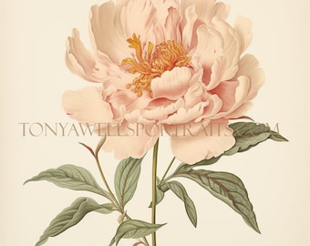 Printable Artwork/Pale Pink Peony Botanical Print/botanicals/ High Resolution Digital Download