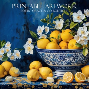 Printable Artwork / Lemons in a blue & white floral bowl/ Home Decor