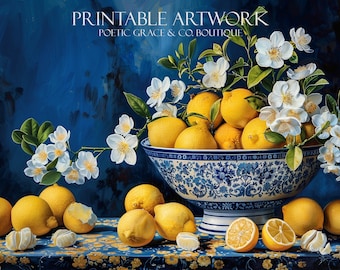 Printable Artwork / Lemons in a blue & white floral bowl/ Home Decor
