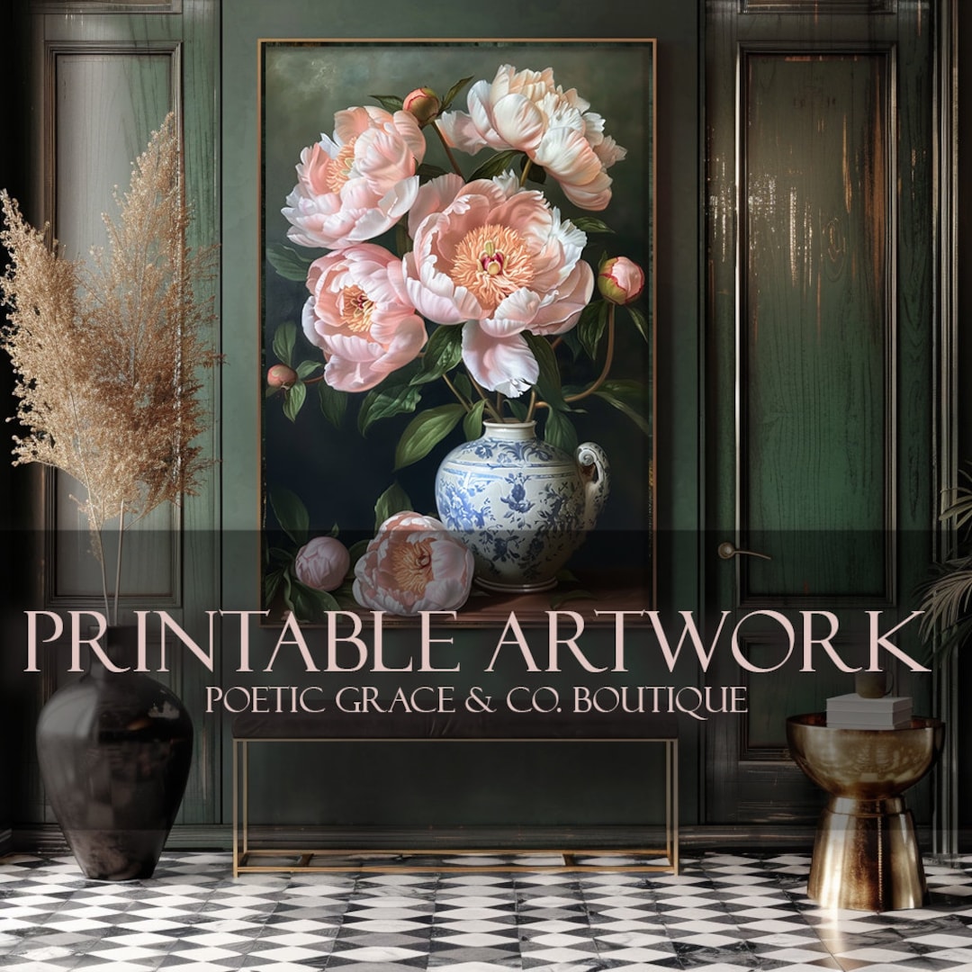 Printable Artwork / Pink Peonies in Blue & White Floral Vase/ Home ...